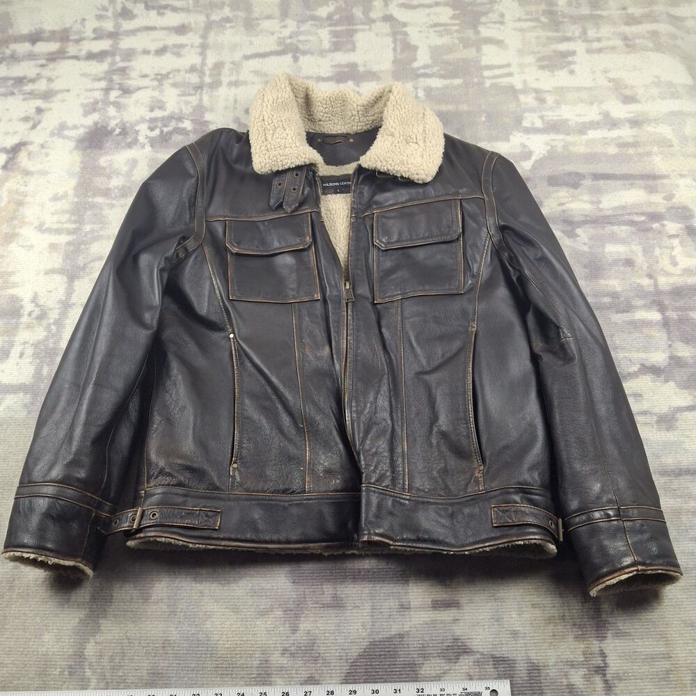 Wilsons Leather Bomber Jacket Mens Large Brown Sherpa Lined Aviator Coat Heavy
